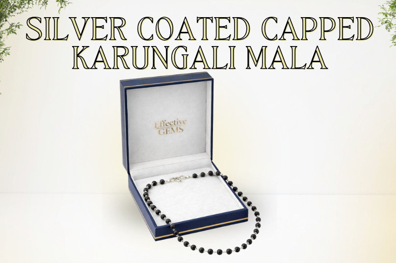 Silver Coated Capped Karungali Mala – Protection, Spiritual Strength & Positive Energy