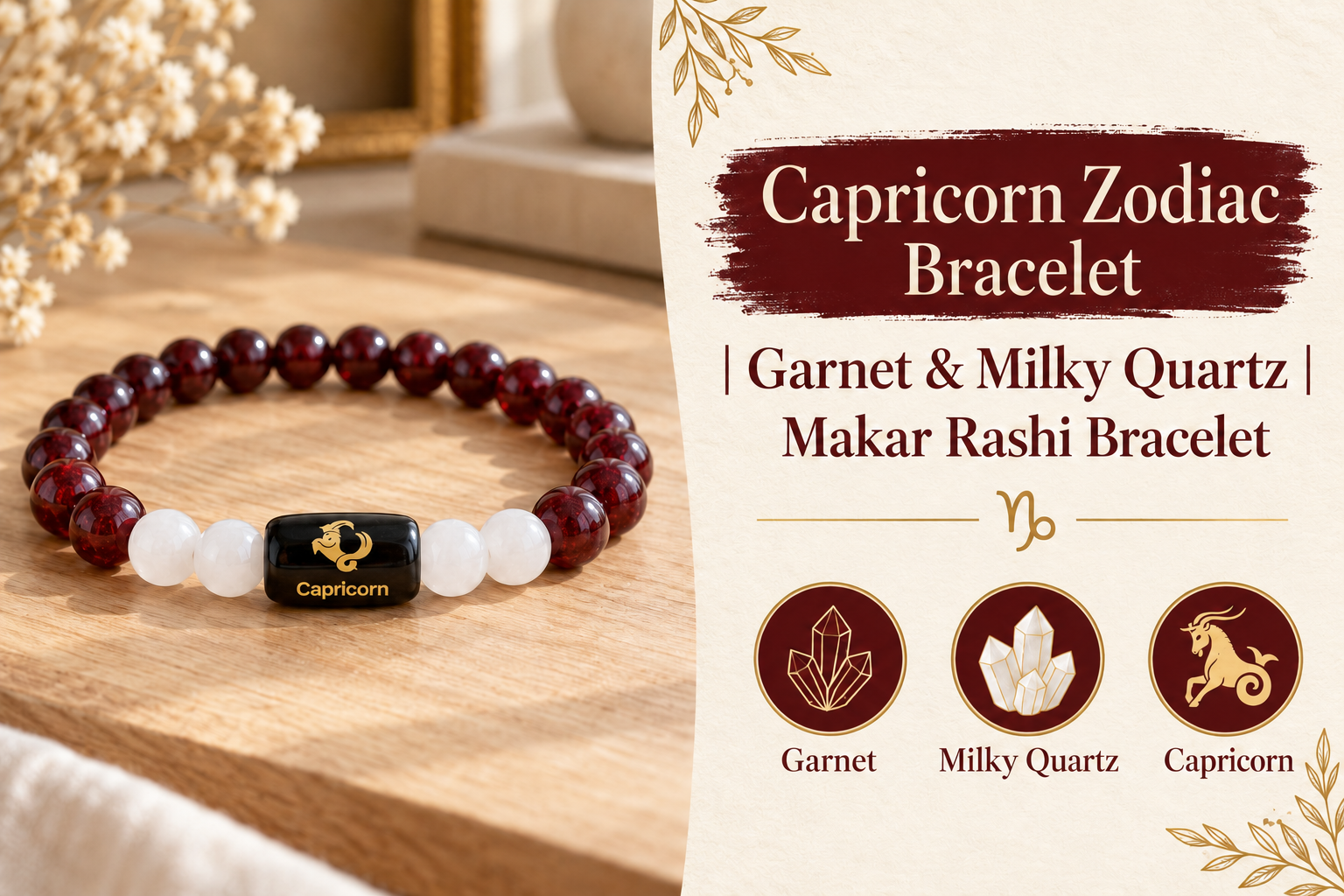 Capricorn garnet and quartz bracelet