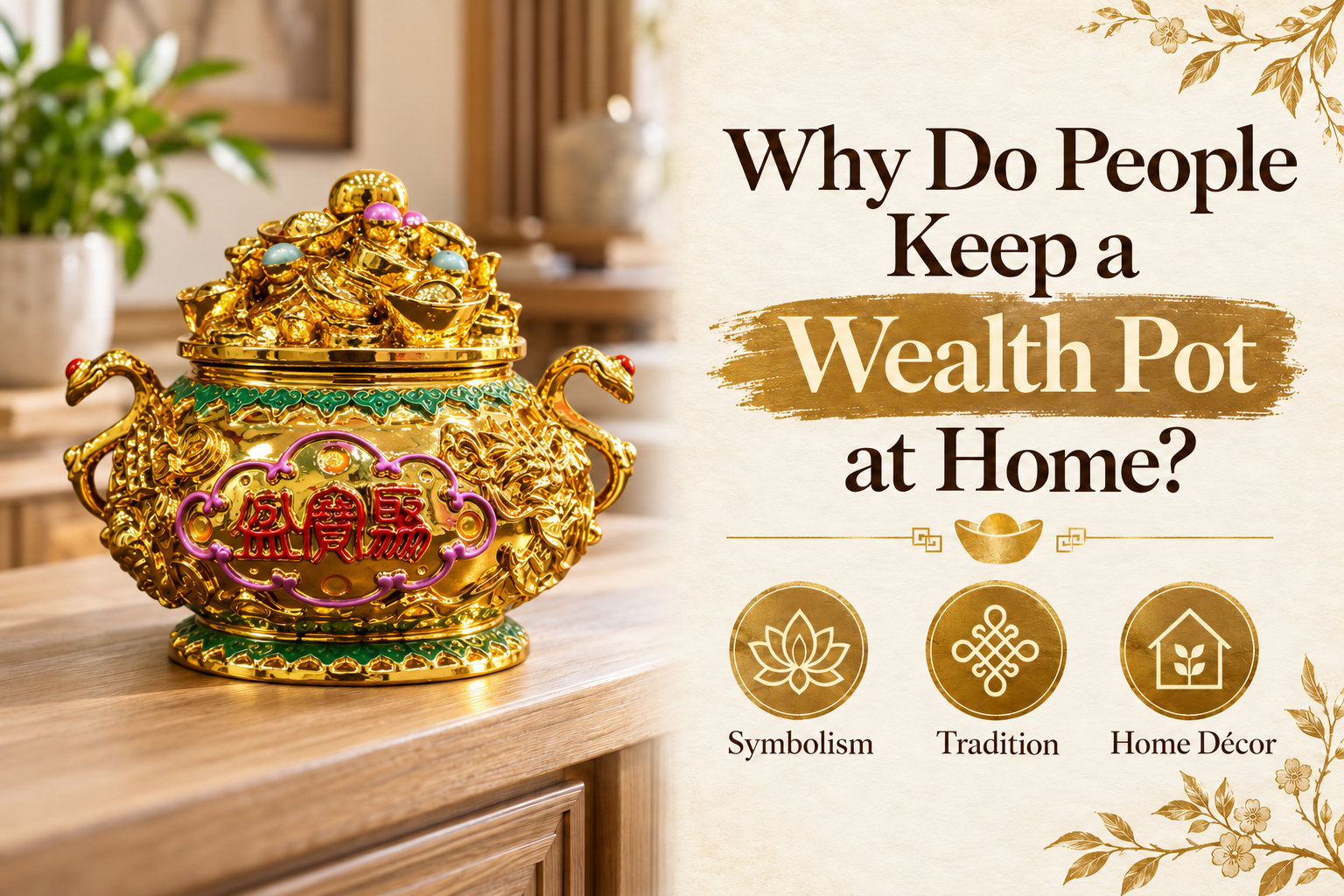 Ornate golden wealth pot home décor banner