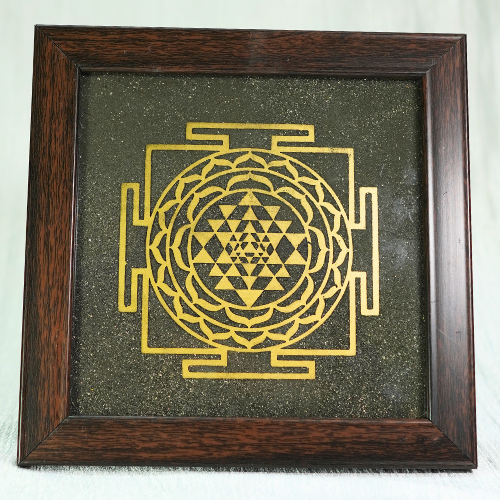 Shree Yantra Pyrite Dust Plate  With  Wooden Frame