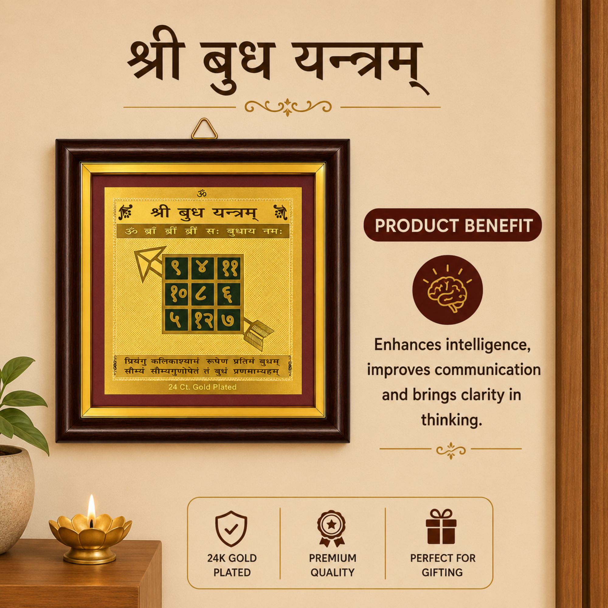 Buddha Yantra 3x3 (Golden Metal With Frame)