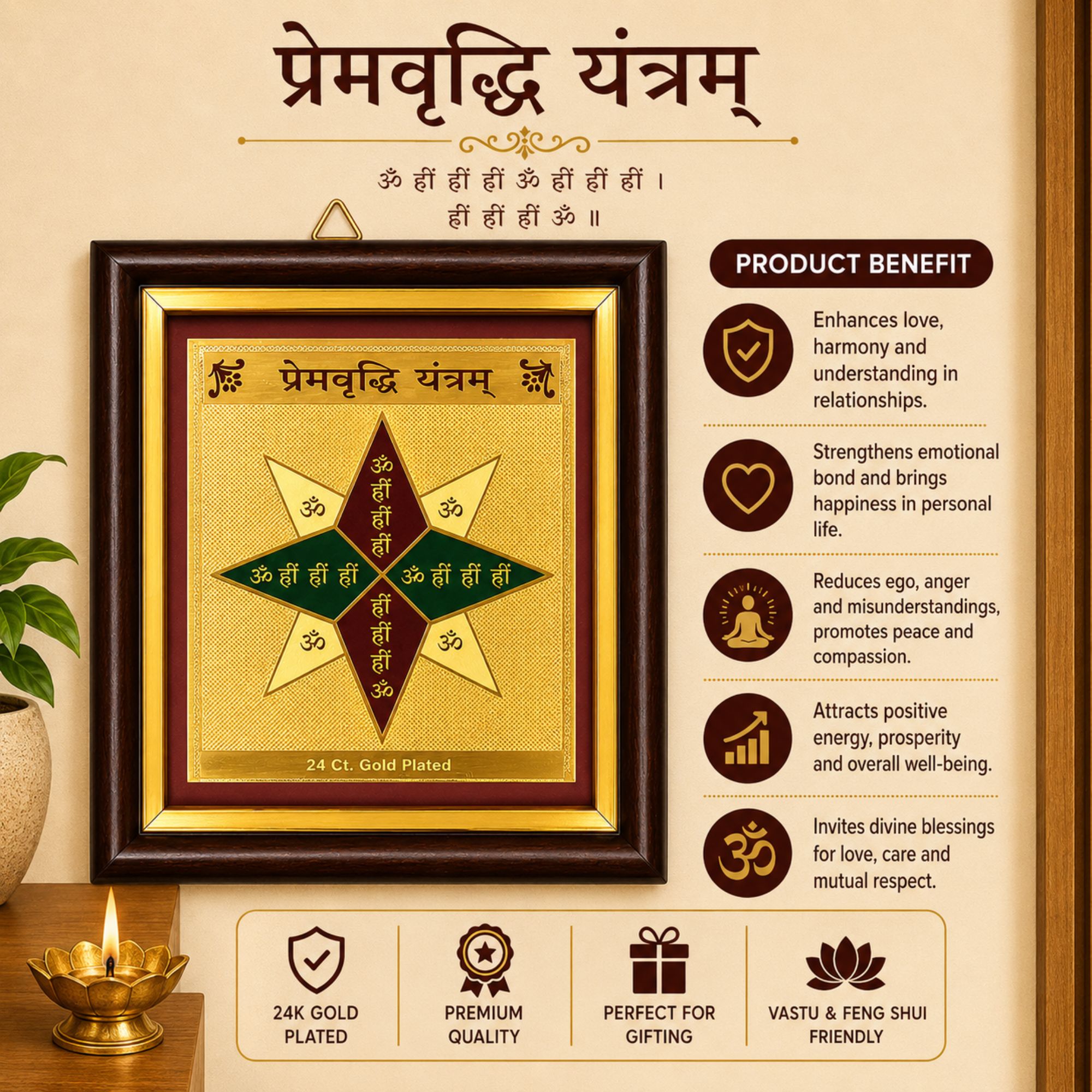 Prema Vriddhi Yantra 5x5 (Golden Metal With Frame)