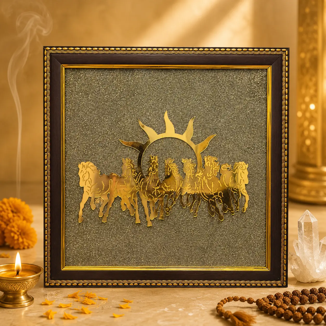 7 Horses on Raw Pyrite Frame : 1Ft By 1Ft